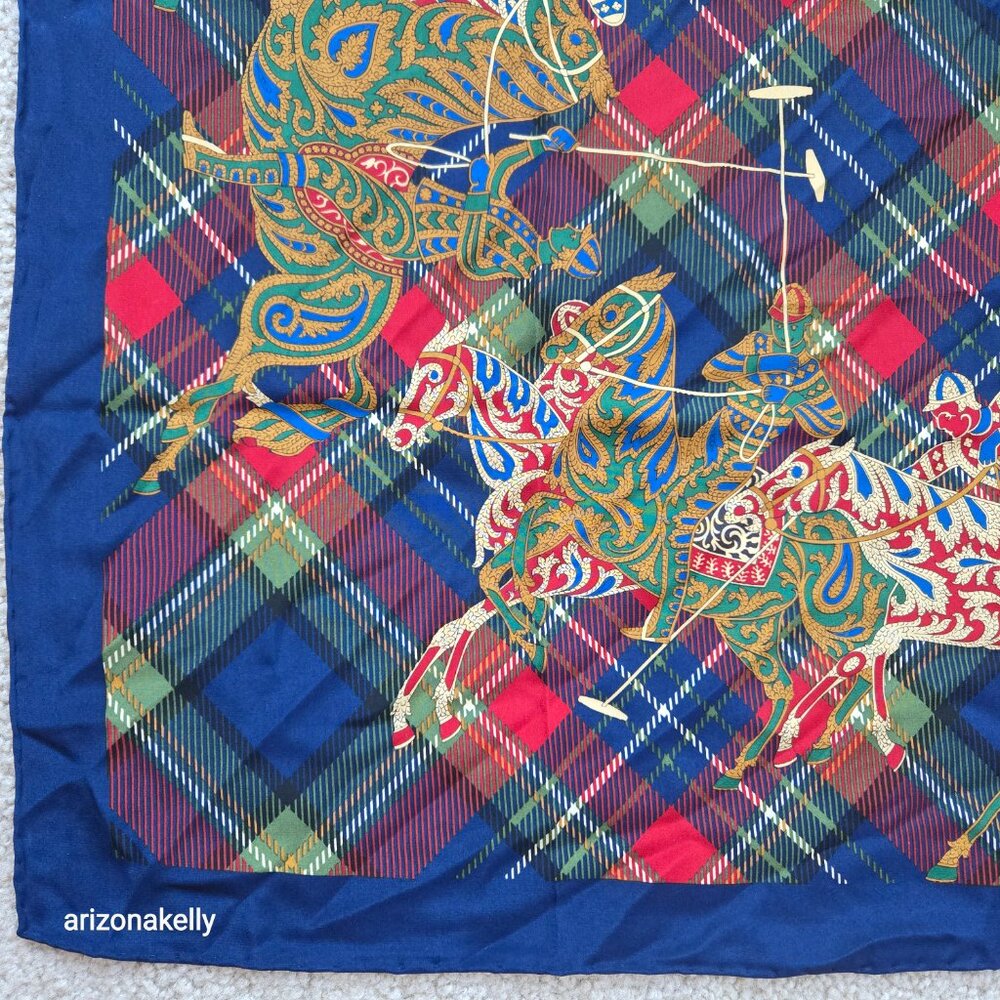 Vintage Carlisle Silk Scarf Plaid Polo Horses Equestrian Hand Rolled Preppy - Picture 4 of 9